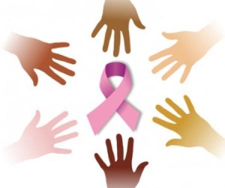 Art of six hands of varying skin tones reaching from the outside of the picture towards a pink ribbon in the center.
