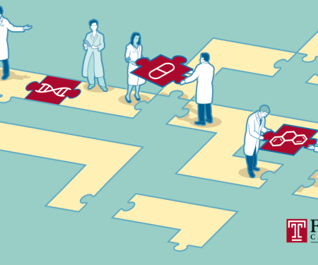 A drawing of several people helping place puzzle pieces of DNA, medicine, and molecules to connect intersecting yellow paths.