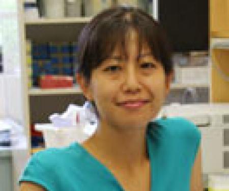 A portrait shot of Shoko Nogusa in a laboratory, smiling at the camera.