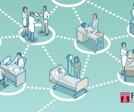 A drawing showing a web of people doing research, a patient in a medical bed, doctors discussing, and more.
