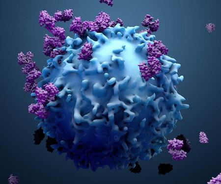 A 3D representation of a virus in blues and purples.