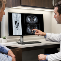 A doctor discusses a CT scan with a patient during a medical consultation.