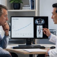 A doctor discusses a rising PSA trend and prostate imaging results with a patient during a consultation.