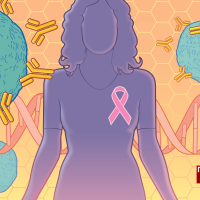 An artistic depiction of a feminine purple silhouette with a pink ribbon on her chest, surrounded by floating cells and DNA.