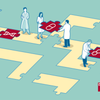 A drawing of several people helping place puzzle pieces of DNA, medicine, and molecules to connect intersecting yellow paths.